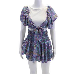 Lara Ethnics Womens Paisley Print Tie Front Crop Top Shorts Set Purple One Size